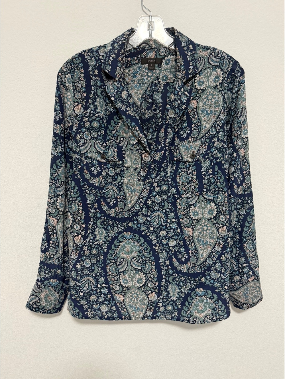 J. Crew Long Sleeve Collared V-Neck 100% Silk Paisley Popover Blouse Size S